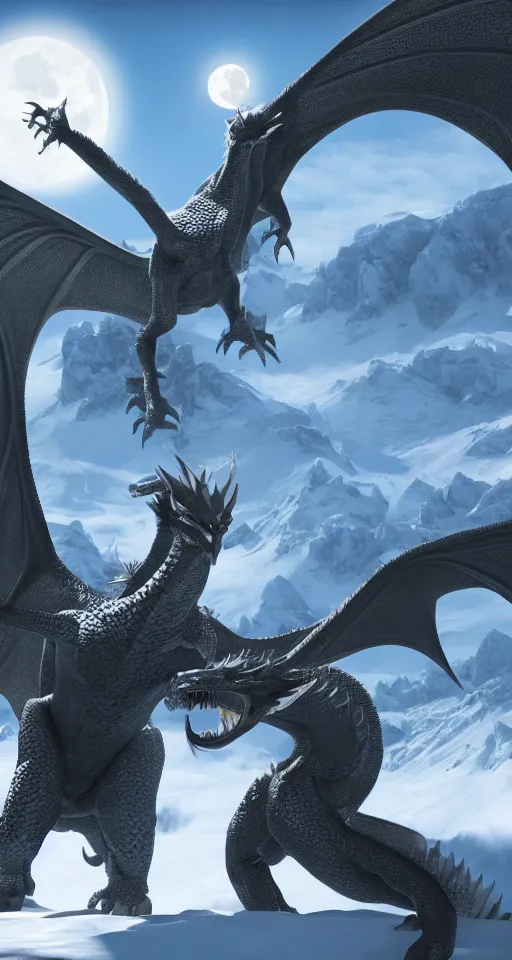Prompt: parthanax the dragon is meeting with joker from batman on a snowy mountain, video game screenshot, highly detailed, hyper realistic, ray tracing, 8 k, full moon