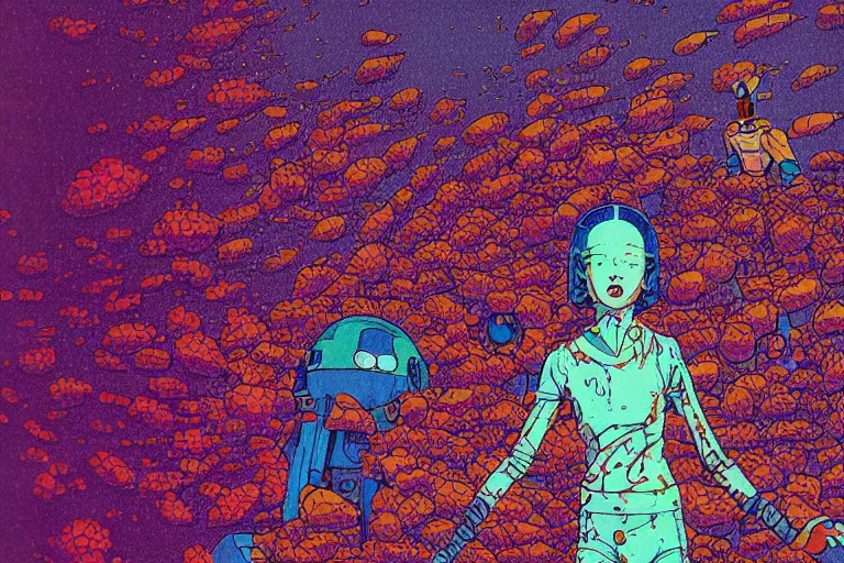 Image similar to risograph grainy drawing vintage sci - fi, satoshi kon color palette, gigantic gundam full - body covered in dead coral reef, 1 9 8 0, kodachrome, natural colors, comicbook spreadsheet, codex seraphinianus painting by moebius and satoshi kon and dirk dzimirsky close - up portrait