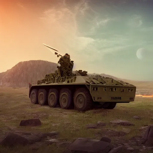 Prompt: Watermelon as military HIMARS vehicle with epic weapons, launching rockets on a battlefield, russian city as background. Concept digital 3D art in style of Caspar David Friedrich,unreal engine 5, artstationHD, 4k, 8k, 3d render, 3d Houdini, cinema 4d, octane epic RTX volumetric dramatic light