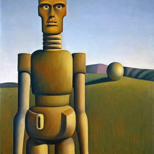 Image similar to tall, gaunt, imposing robot with intense eyes portrait, grant wood, pj crook, edward hopper, oil on canvas