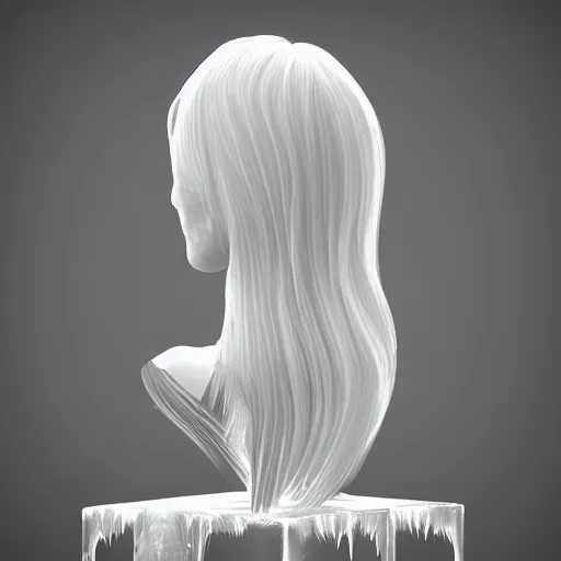 Prompt: refracting translucent ice sculpture of hair! resting on a beautiful!! female marble wig stand, cinema 4 d sharp focus