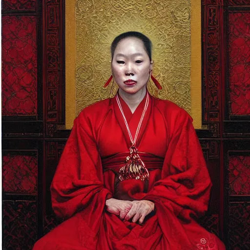 Image similar to portrait of an east asian priestess, dressed in red, by donato giancola.