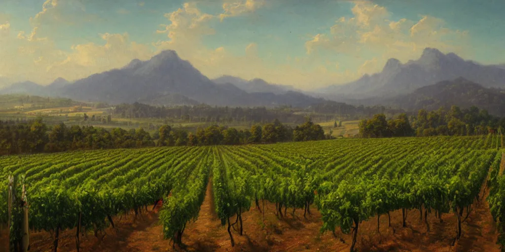 Image similar to A painting of winery. The vineyards are sprawling and green, with a river winding through them. In the distance, there are mountains. by bob ross, Albert Bierstadt, immaculate scale, hyper-realistic, trending on Artstation, 8k, detailed, atmospheric, immaculate