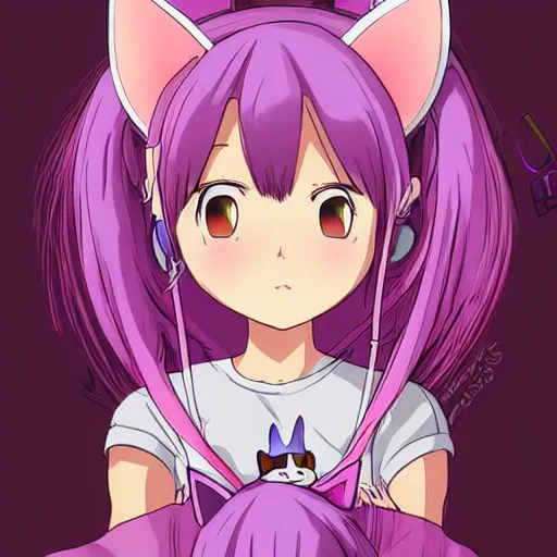 Image similar to digital card art of anime (cat) girl with cat ears surrounded by magic circles. Short hair. Pink hue. Highly detailed. Beautiful