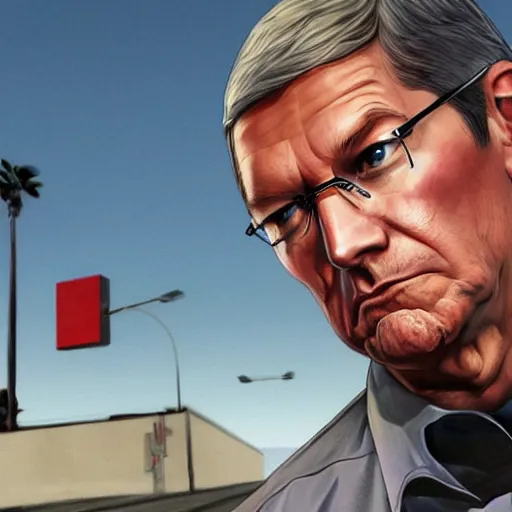 Image similar to tim cook in gta v, cover art by stephen bliss, boxart, loadscreen