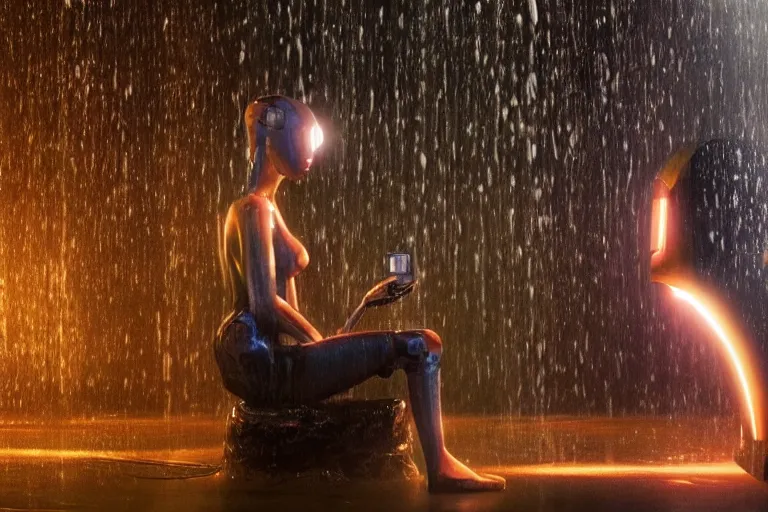 Image similar to beautiful woman robot sitting under a waterfall from 2099, bathed in the glow of a crt television, tv screens in background, low-light photograph, in style of Tyler Mitchell