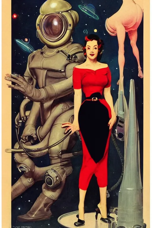 Image similar to 5 0 s pulp scifi fantasy illustration full body portrait elegant woman wearing latex spacesuit standing beside monster, by norman rockwell, edd cartier, roberto ferri, jack kirby, earle bergey, ruan jia, jason fabok, tom lovell, frank r paul, dean cornwell, astounding stories, amazing, fantasy, other worlds