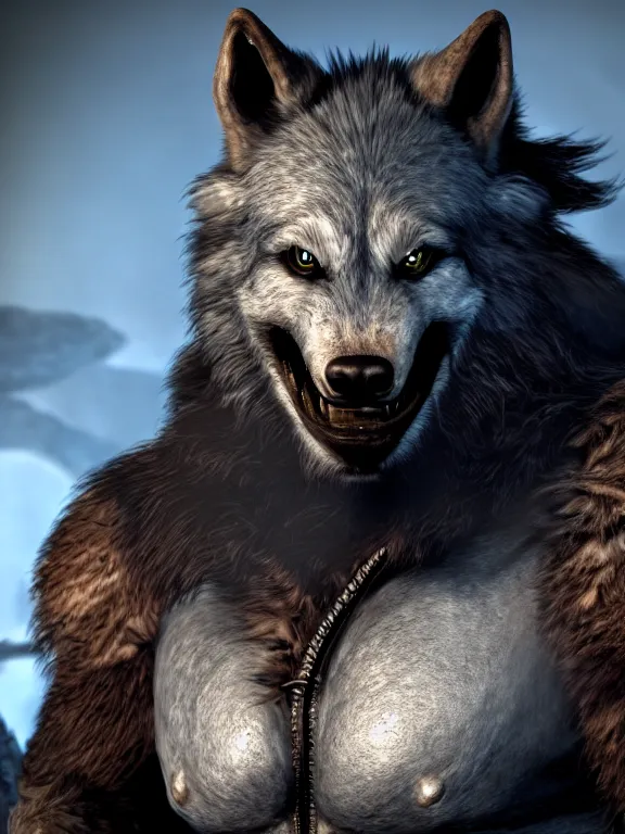 Image similar to cute handsome cuddly burly surly relaxed calm timid werewolf from van helsing unreal engine hyperreallistic render 8k character concept art masterpiece screenshot from the video game the Elder Scrolls V: Skyrim