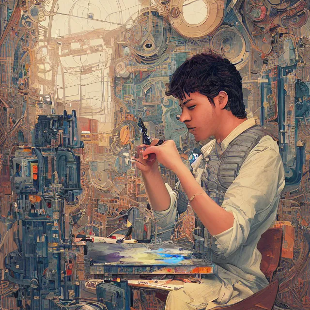 Prompt: robot artist painting a self - portrait on a canvas. intricate, highly detailed, digital matte painting, in the style of alexandros pyromallis, and in the style of sachin teng, and in the style of hans thoma, and in the style of clyde caldwell. irony, recursion, inspiration.