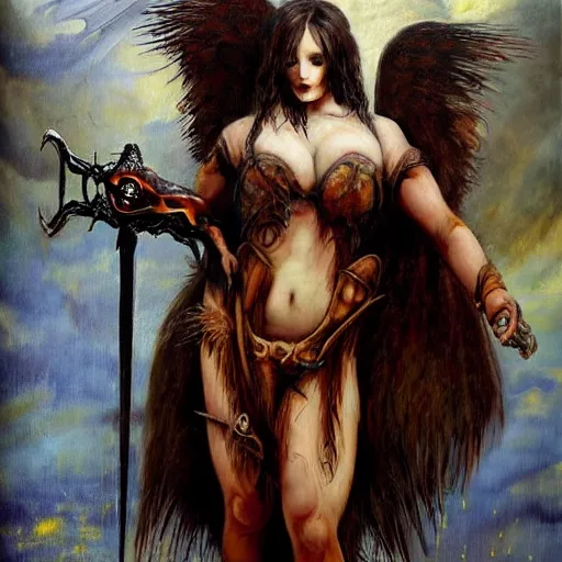 Image similar to graffiti mild by lori earley, by charles spencelayh. performance art. a large, muscular demon - like creature with wings, standing in a dark, hellish landscape. the creature has red eyes & sharp teeth, & is holding a large sword in one hand.