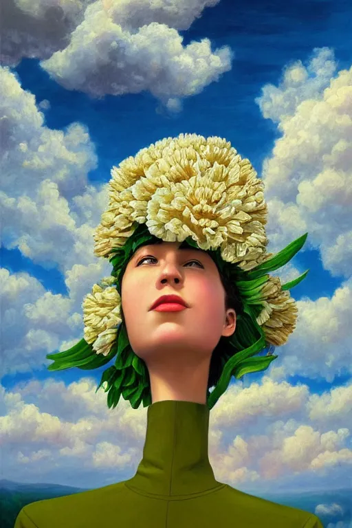 Prompt: closeup, giant carnation flower head, woman in suit, clouds in sky, surreal, impressionist painting, digital painting, artstation, rob gonsalves