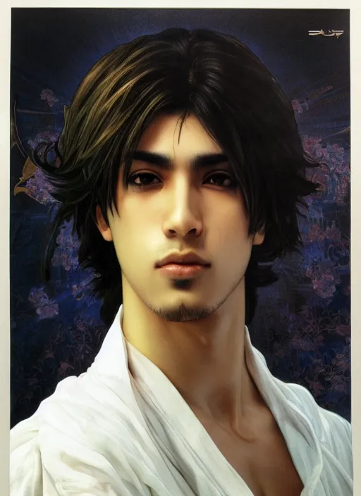 Prompt: beautiful medium shot portrait of a young arabic man inspired by ayami kojima with short hair dressed with a white t - shirt looking into the camera from three - quarters, white background white bank studio light, art by yoshitaka amano, alfons mucha, final fantasy, high quality, 8 k