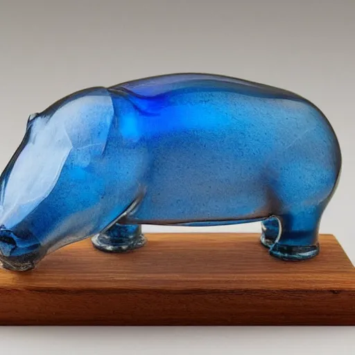 Prompt: a small sculpture of a hippo, the top half made of clear blue epoxy resin, the bottom half is made of carved and polished wood