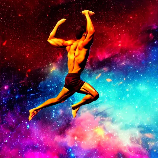 Image similar to athletic man doing a pullup using gymnastic rings, silhouette, long shot, in a cosmic nebula background, matte colors, very very very dramatic, inspiring digital art trending on artstation