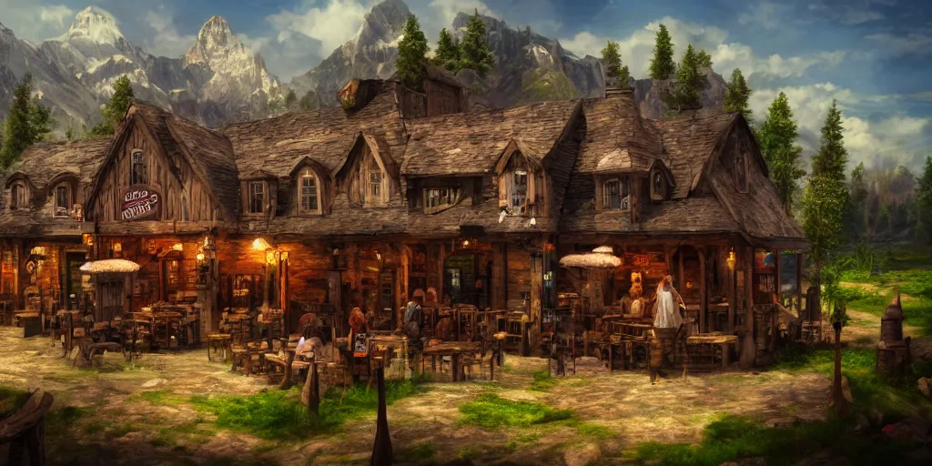 Image similar to howl\'s moving taverns, exterior lanscape shot, tilt-shifted, high quality art, 4k