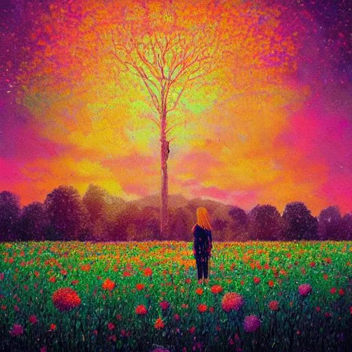 Image similar to giant flower head, girl standing in flower field, surreal photography, big trees, sunrise dramatic light, impressionist painting, colorful clouds, digital painting, pointillism, artstation, simon stalenhag