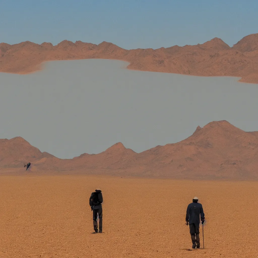 Image similar to of a photography of a man on walking on a desert along ants, with blue light dark blue sky, long cloths red like silk, ants are big and they shine on the sunlight, there are sand mountains on the background, a very small oasis on the far distant background along with some watch towers, ants are perfect symmetric insects, man is with black skin, the man have a backpack, the man stands out on the image, the ants make a line on the dunes, the sun up on the sky is strong, the sky is blue and there are some clouds, its like a caravan of a man guiding many ants on the dunes of the desert, colors are strong but calm, volumetric, detailed objects, Arabica style, wide view, 14mm,