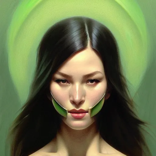 Image similar to avocado, instead of a bone, the head of ilona mask, elegant, highly detailed, my rendition, digital painting, artstation, concept art, smooth, sharp focus, illustration, art by artgerm and greg rutkowski and alphonse mucha and uang guangjian and gil elvgren and sachin teng, symmetry!!