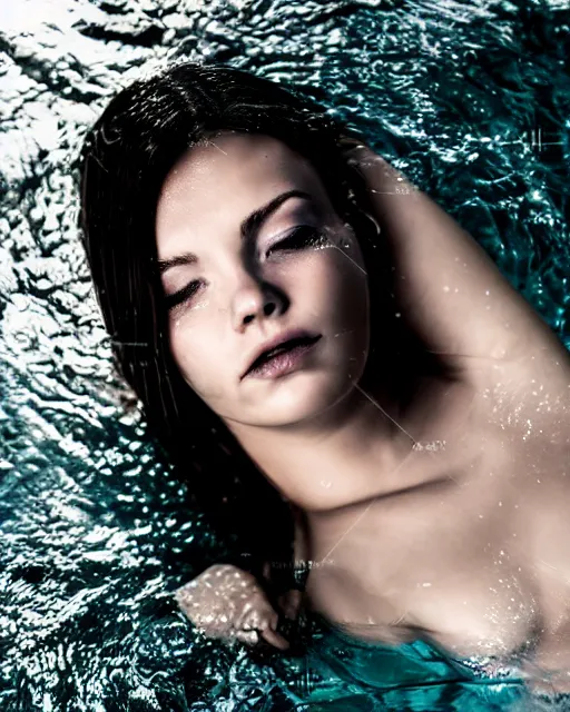 Image similar to a closeup portrait of as beautiful young woman floating under water with a very emotional look, strong single top lighting, moody feel, dramatic