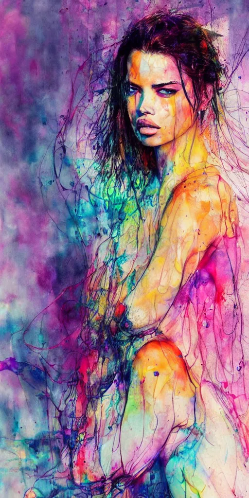 Image similar to adriana lima by agnes cecile enki bilal moebius, intricated details, sitting on a stool, full body portrait, extremely luminous bright design, pastel colours, drips, autumn lights