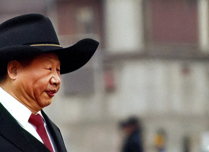 Image similar to xi jinping dressed as a cowboy wearing a disguise while he sinks into a tar pit wide shot, from the hit 9 0 s tv show