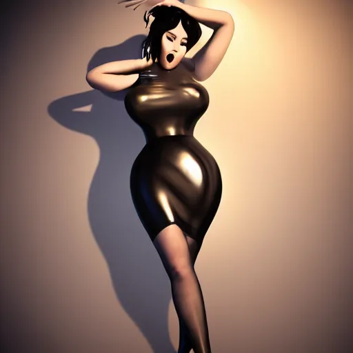 Prompt: curvy feminine goth bombshell in an elaborate polished silver latex dress, stockings, thin waist, cgsociety, photorealistic, sublime-classy-psychic-ritualistic ambience, 16k, smooth, sharp focus, trending on ArtStation, volumetric lighting
