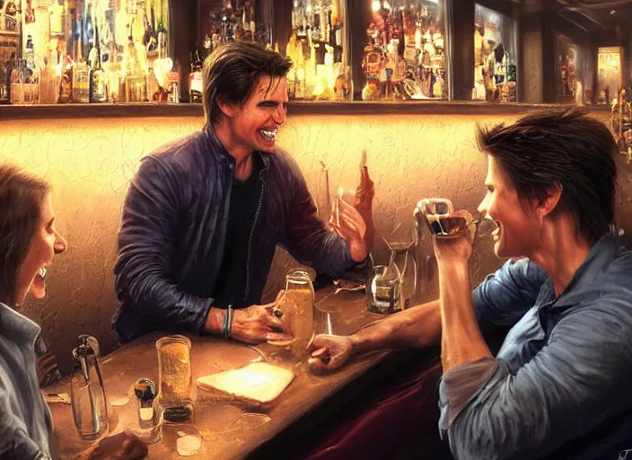 Image similar to hyper realistic tom cruise hanging out with tom cruise at a bar, all overly excited, jaw unhinged with laughter and smiling, all teeth, by greg rutkowski, scott m fischer, artgerm, loish, slight glow, atmospheric, anne stokes, alexandros pyromallis