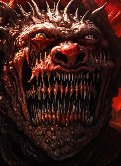 Prompt: close up portrait of a monster in the mountains of hell, sharp teeth, oil painting by tomasz jedruszek, cinematic lighting, pen and ink, intricate line, hd, 4 k, million of likes, trending on artstation