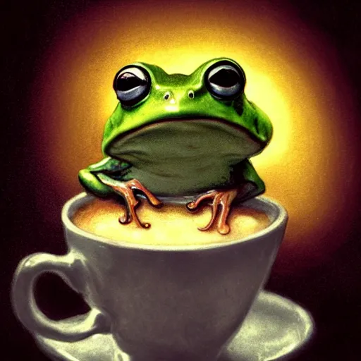 Image similar to soulful long shot of a very cute frog baby sitting in a coffee cup, by esao andrews, by m. w. kaluta, very humorous illustration, small depth of field, perspective perception, volumetric light, warm cosy colors, night scenery, low light, unreal engine 5, 8 k, conceptart, hyperdetailed, hyperrealistic, trending on artstation