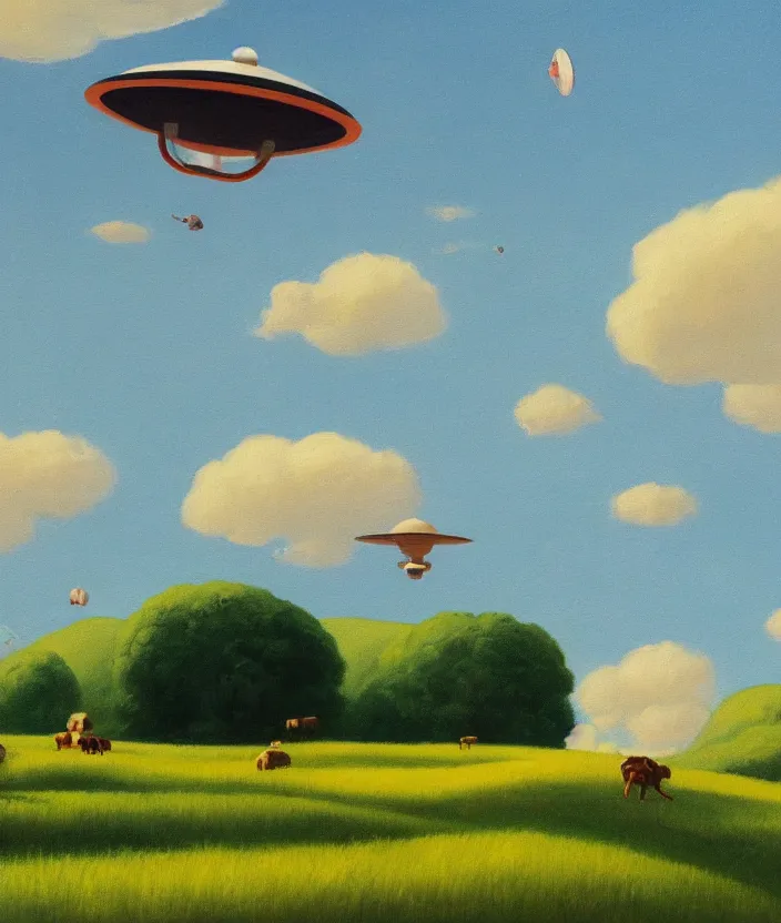 Prompt: a highly detailed painting of a stylized cartoon ufo over a meadow, there are cows on the meadow, one cow is being beamed up by an ufo, ufo has green light beam, very fine brush strokes, baby blue sky with aesthetic clouds, in the style of edward hopper, 4 k,