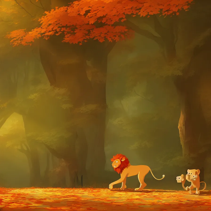 Image similar to Goro Fujita illustrating side view of a lion walking through a beautiful autumn forest, art by Goro Fujita, sharp focus, highly detailed, ArtStation