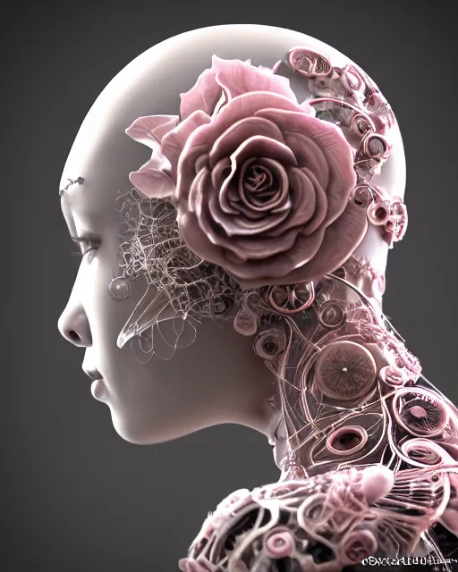 Image similar to mythical dreamy organic bio - mechanical spinal ribbed profile face portrait detail of translucent steampunk beautiful intricated monochrome angelic - human - queen - vegetal - cyborg, highly detailed, intricate translucent pale pink ivy jelly ornate, poetic, translucent roses ornate, 3 d render, digital art, octane render, 8 k artistic photography