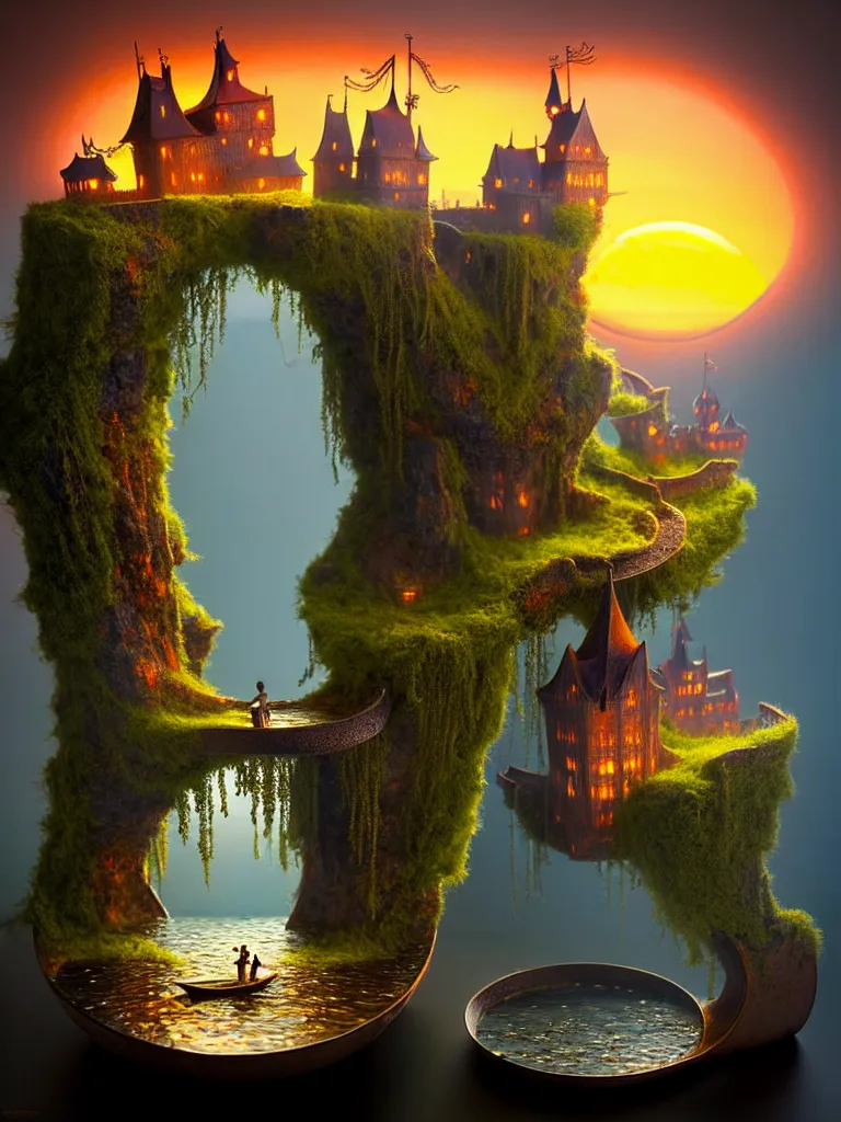 Image similar to extendable anise diorama an immense gigantic ornated iron cup with a lake inside, water in excess droping by, boats, castle, sunset, volumetric light, godrays, gediminas pranckevicius