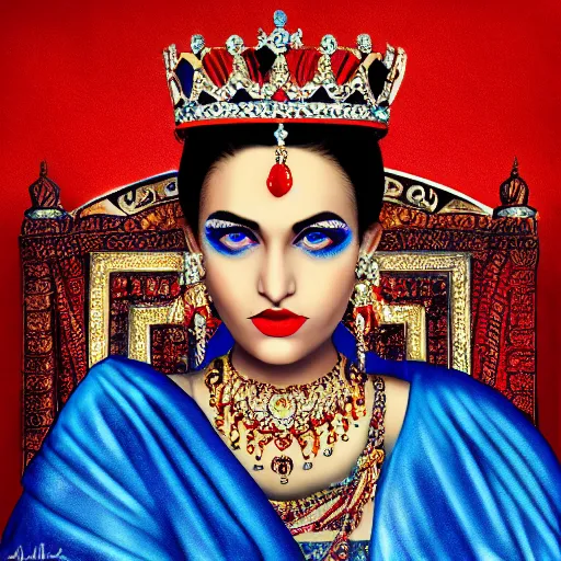 Prompt: the queen of india sitting on a throne, detailed face with red lips, blue eyes and large forehead, moody atmosphere, digital art, highly detailed, high contrast, beautiful lighting, award winning, trending on art station, photorealistic, 8 k,