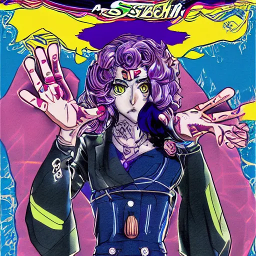 Image similar to a jojo's bizarre adventure manga artstyle colorful sktech : Marie the mother of Jesus standing up arm crossed by hirohiko araki shonen jump, crips details, realistic, featured on Artscape