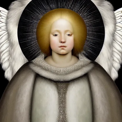 Prompt: highdetailed hyperrealistic painting of white angel in the hood!!!!, giant ball of miracle light from the chest!!!!!, 4 k hd fur face!!!, big wings, by jan van eyck, holography space, white sparkles everywhere, thin strokes, high textures, silver background