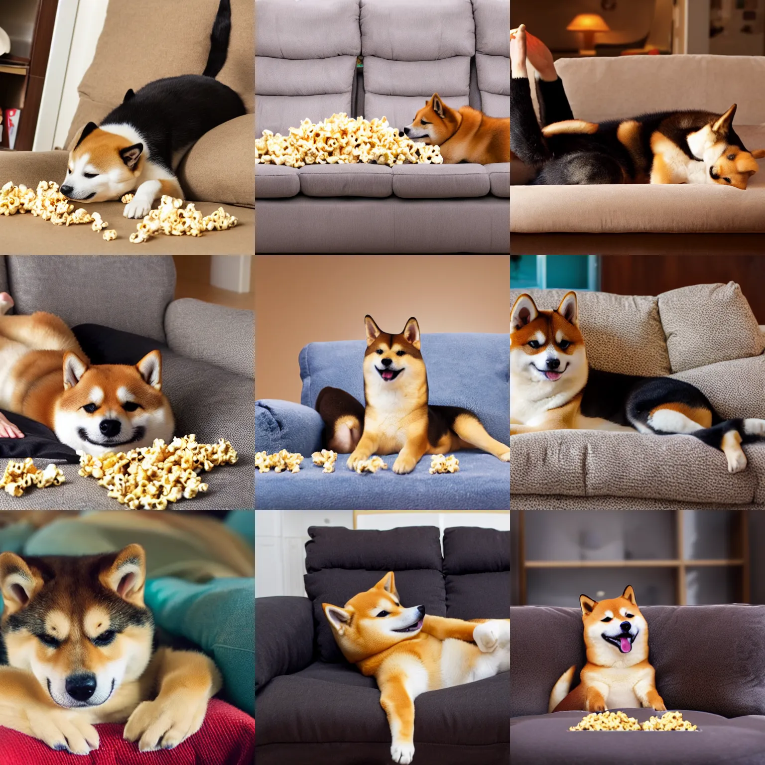 Prompt: shiba inu lying in a lazy boy sofa watching movie eating popcorns