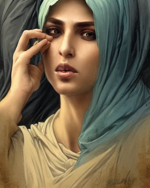 Image similar to portrait of 4 0 - year - transwoman prophet muhammad, clear face, pointed face and sensual eyes, hyper realistic face, beautiful lips, fantasy art, in the style of greg rutkowski, intricate, alphonse mucha, hyper detailed, smooth