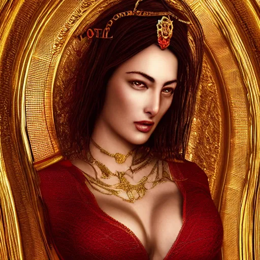 Prompt: Aphrodite Goddess of Love, monica bellucci, intricate, seductive, erotic, tempting, portrait, character photography, Incredible red and gold illustration, Exquisite detail, octane render, 8k, post-processing