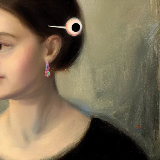 Image similar to a portrait painting of a girl with eyeballs as earrings and a huge bow on her head, 4k,