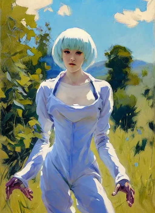 Prompt: Greg Manchess painting of Rei Ayanami in Jumpsuit out with the dogs, countryside, fantasy character portrait, dynamic pose, above view, sunny day, thunder clouds in the sky, artwork by Jeremy Lipkin and Giuseppe Dangelico Pino and Michael Garmash and Rob Rey, very coherent asymmetrical artwork, sharp edges, perfect face, simple form, wacky, 100mm