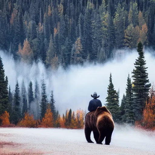 Image similar to a photo of bob ross riding on the back of brown bear in alaska at fall season, outdoor lighting, realistic, photo, national geographic photo, volumetric, fog