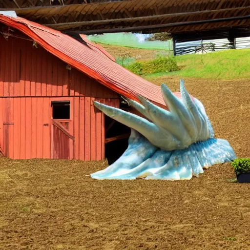 Prompt: a giant sea slug destroying a barn