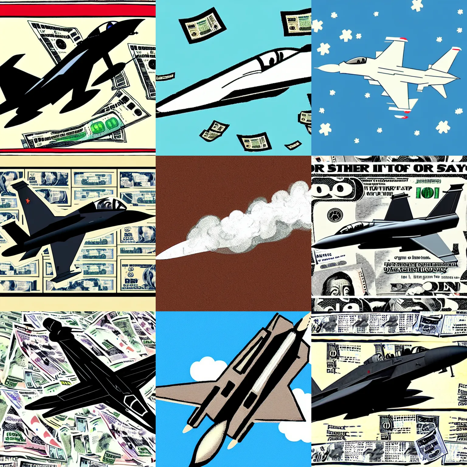 Prompt: fighter jet in flight, smoke trail of money, cartoon,newspaper illustration