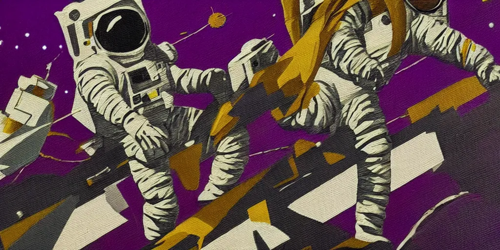 Image similar to insane _ detail _ textured _ art _ deco _ painting _ of _ astronaut _ full _ body _ flying _ from _ bottom _ left _ to _ top _ right _ muted _ greens _ and _ browns _ geometric _ gold _ and _ deep _ purple