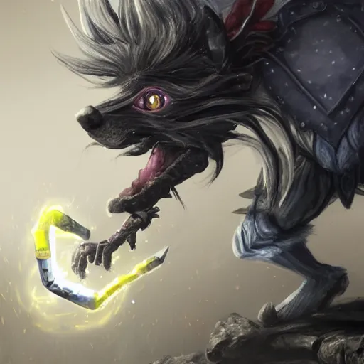 Image similar to Chinese crested powderpuff dog, battle armour, Anthropomorphized, casting epic spell, magic the gathering artwork, D&D, fantasy, cinematic lighting, centered, symmetrical, highly detailed, digital painting, artstation, concept art, smooth, sharp focus, illustration, volumetric lighting, epic Composition, 8k, art by Akihiko Yoshida and Greg Rutkowski and Craig Mullins, heroic pose, oil painting, cgsociety, magic lab background