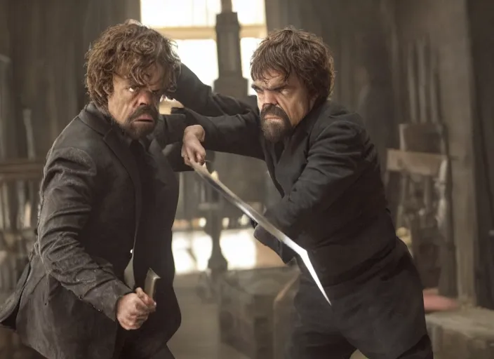 Image similar to peter dinklage knife fighting willem dafoe, movie still, from the new john wick movie, 8 k, realistic