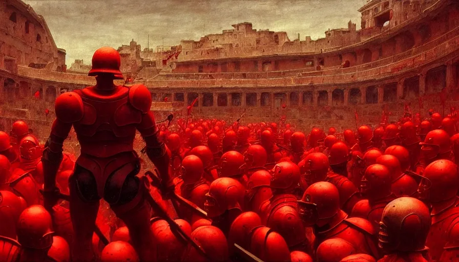 Image similar to only with red, a lightly armored gladiator in a crowded roman amphitheatre, crowd cheering, in the style of beksinski and edward hopper and rodcenko and yue minjun and artgerm, intricate and epic composition, red by caravaggio, highly detailed, masterpiece, red light, artstation