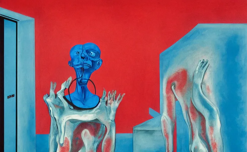 Prompt: man with a blue heart, medium frame, an empty room in the style of constructivism, blurred, grotesque, doomed, neural acrylic paint, high resolution, gouache on canvas, ultra detailed, vibrant colors, grotesque, wrapped thermal blue and red background, slimey, art by francis bacon