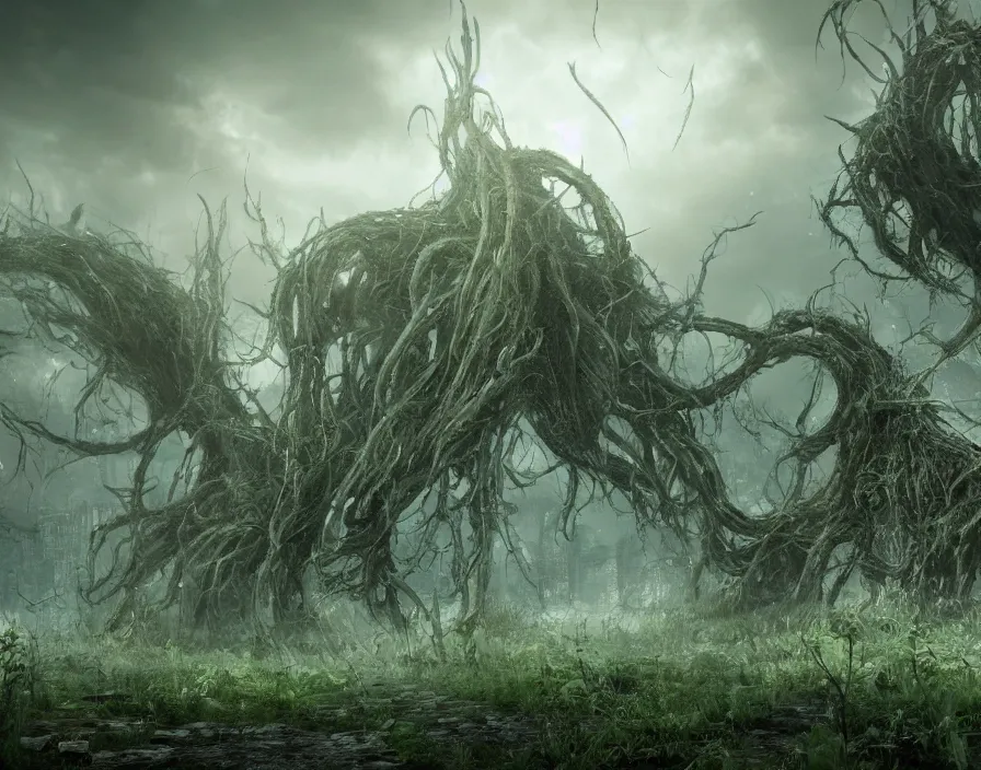 Prompt: giant eldritch weeds in city, realistic, beautiful texture, beautiful graphics, fantasy artwork, very beautiful scenery, hd, hdr, ue 5, ue 6, unreal engine 5, cinematic 4 k wallpaper, 8 k, ultra detailed